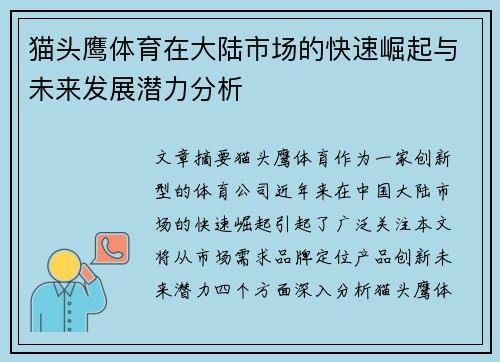 猫头鹰体育在大陆市场的快速崛起与未来发展潜力分析