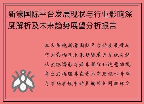 新濠国际平台发展现状与行业影响深度解析及未来趋势展望分析报告